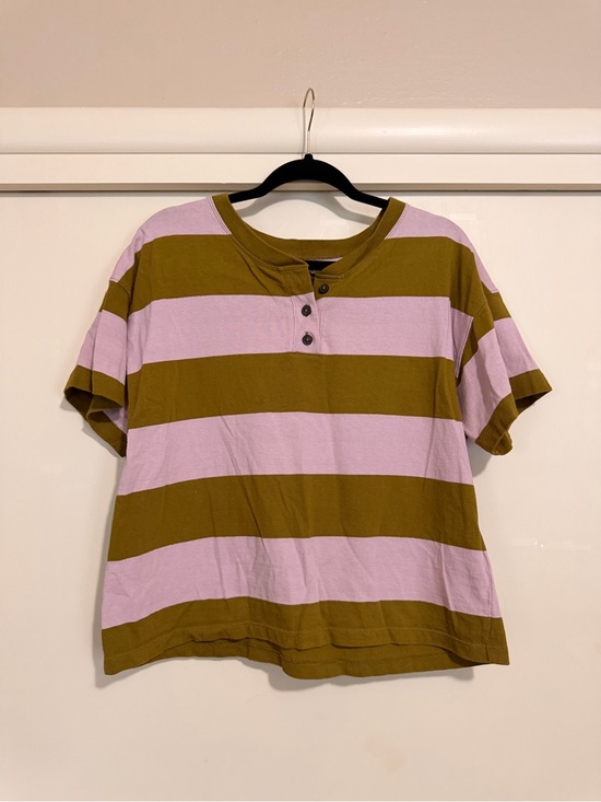 Madewell Tops - Madewell Olive Green and Light Pink Striped Short Sleeve Henley Tee